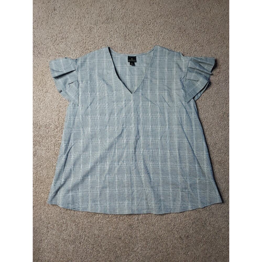 Women's Large Worthington Plaid Ruffled Sleeve Dress Shirt Blouse
